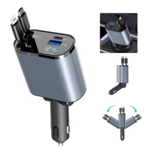 Super Fast Charging 4 in 1 Retractable Car Charger 180 Adjustable USB Car Charger Adapter With Display