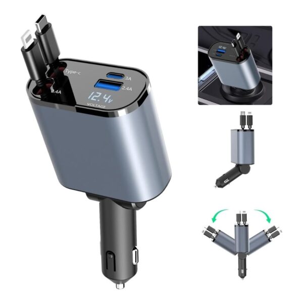 Super Fast Charging 4 in 1 Retractable Car Charger 180 Adjustable USB Car Charger Adapter With Display