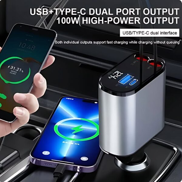 Super Fast Charging 4 in 1 Retractable Car Charger 180 Adjustable USB Car Charger Adapter With Display